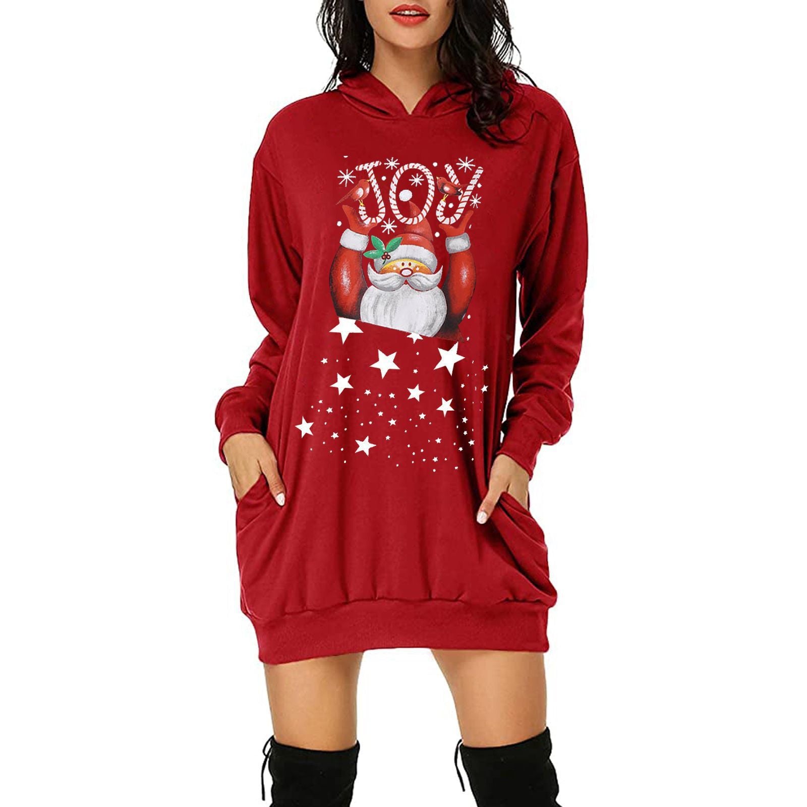 Women's Christmas Printed Mid-length Pocket Hooded Long Sweaters