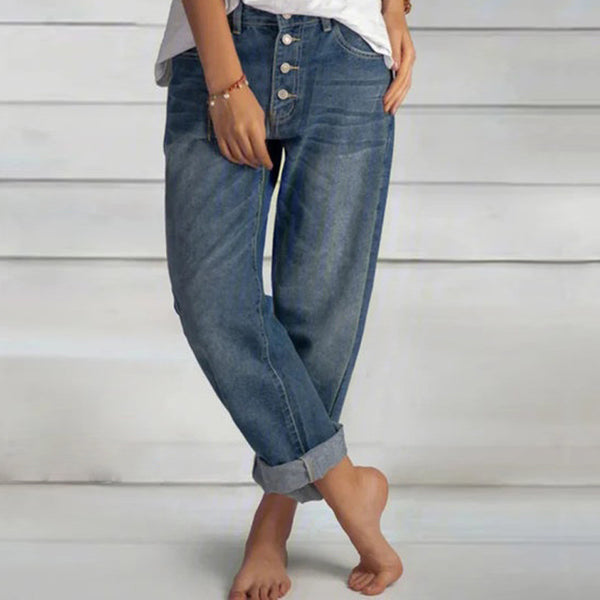 Lose Freizeit-Jeans für Damen mit einfachem, dünnem Denim und geradem Bein