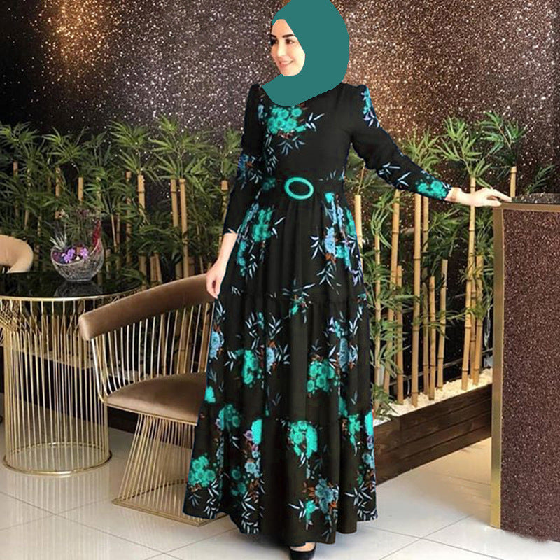 Muslim Printed Waist Lace-up Exquisite Buckle High Dresses