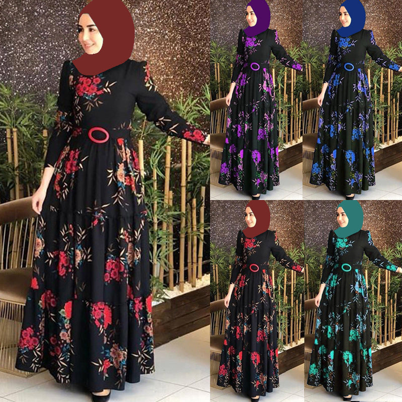 Muslim Printed Waist Lace-up Exquisite Buckle High Dresses