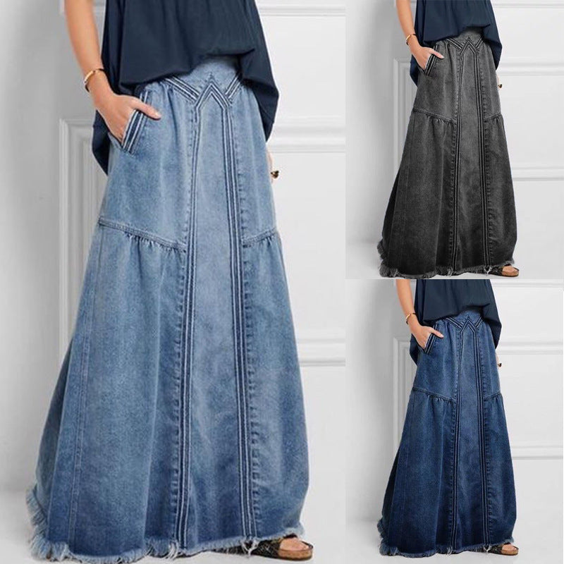 Women's Large Denim Tape Elastic Waist Simple Skirts