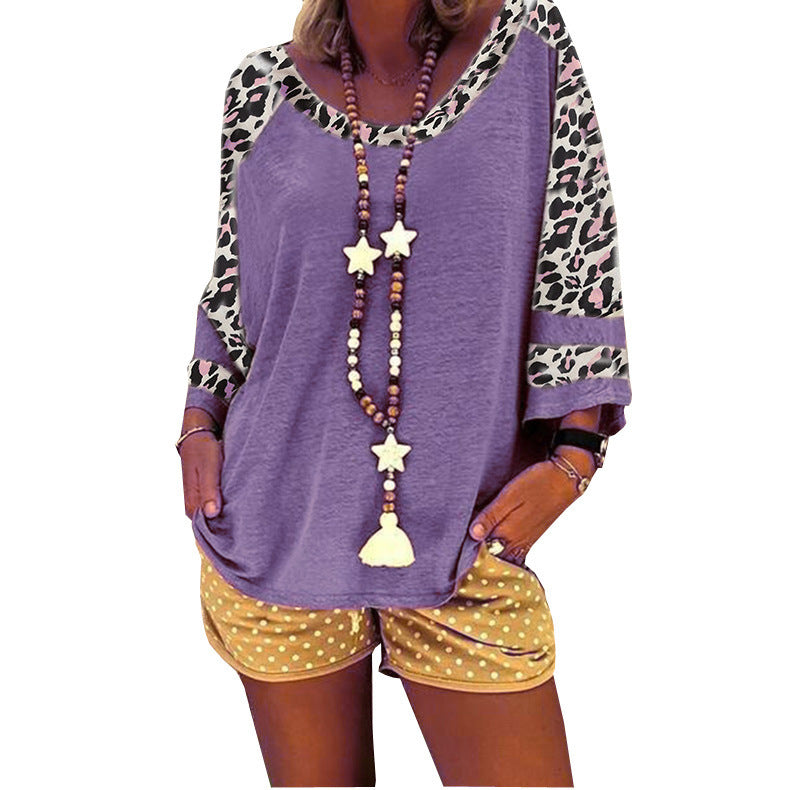 Women's Leopard Print Sleeve Stitching T-shirt Tops