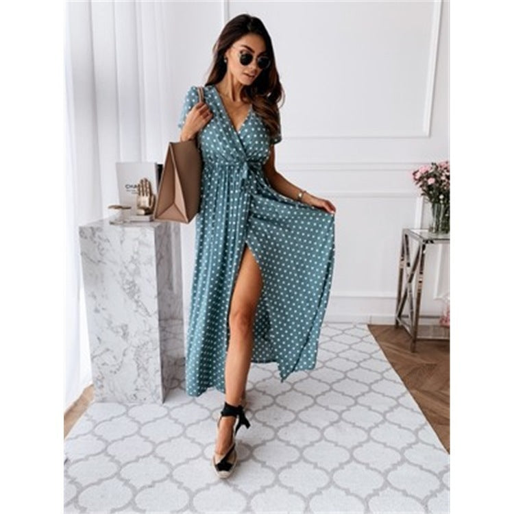 Women's Summer Short-sleeved V-neck Bohemian Dot Printed Dress Dresses