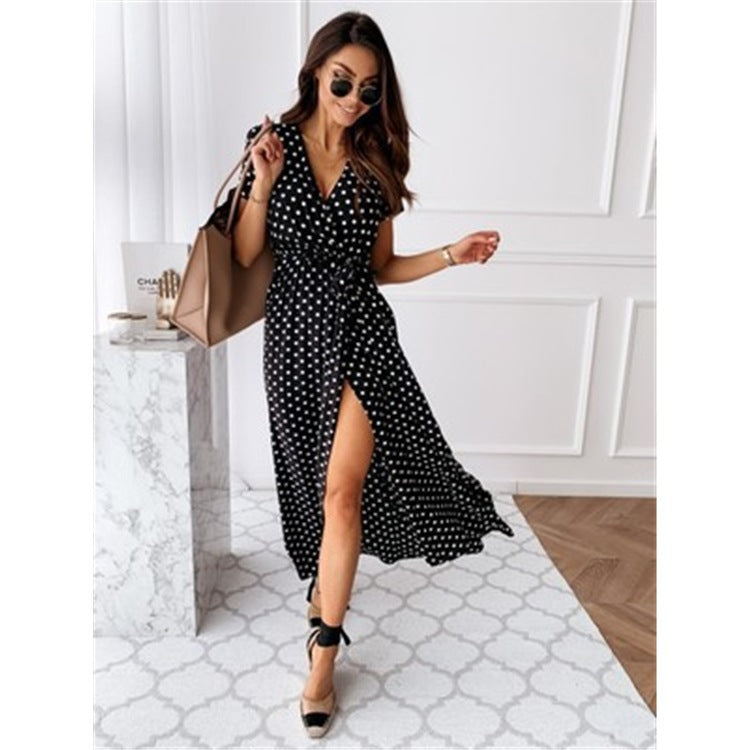 Women's Summer Short-sleeved V-neck Bohemian Dot Printed Dress Dresses