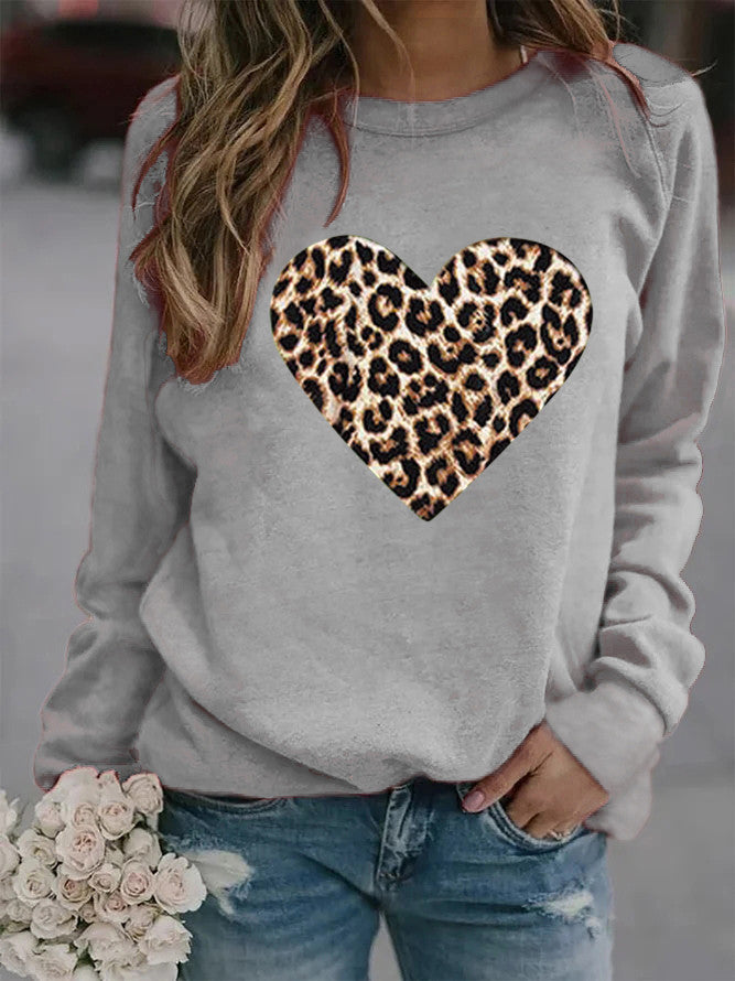 Women's Round Neck Leopard Print Heart Printing Hooded Coats