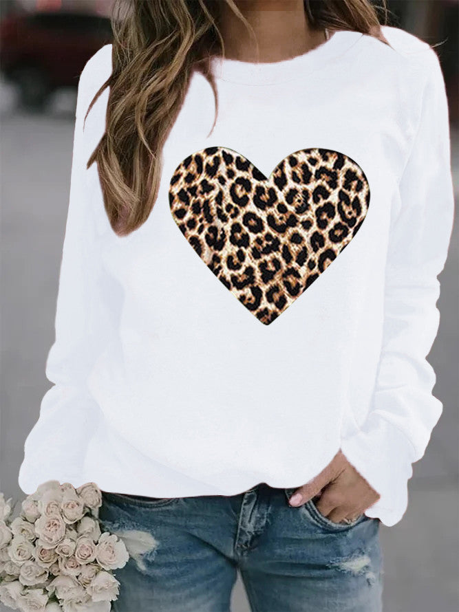 Women's Round Neck Leopard Print Heart Printing Hooded Coats