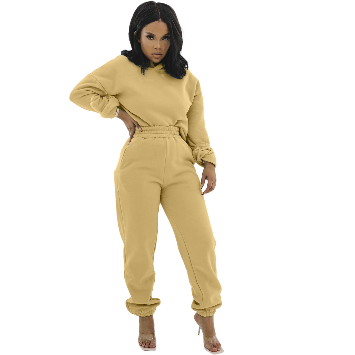 Women's Fabric Pocket Casual Hooded Two-piece Set Suits