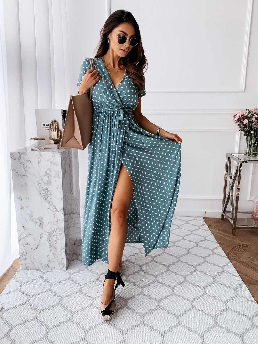 Women's Summer Short-sleeved V-neck Bohemian Dot Printed Dress Dresses