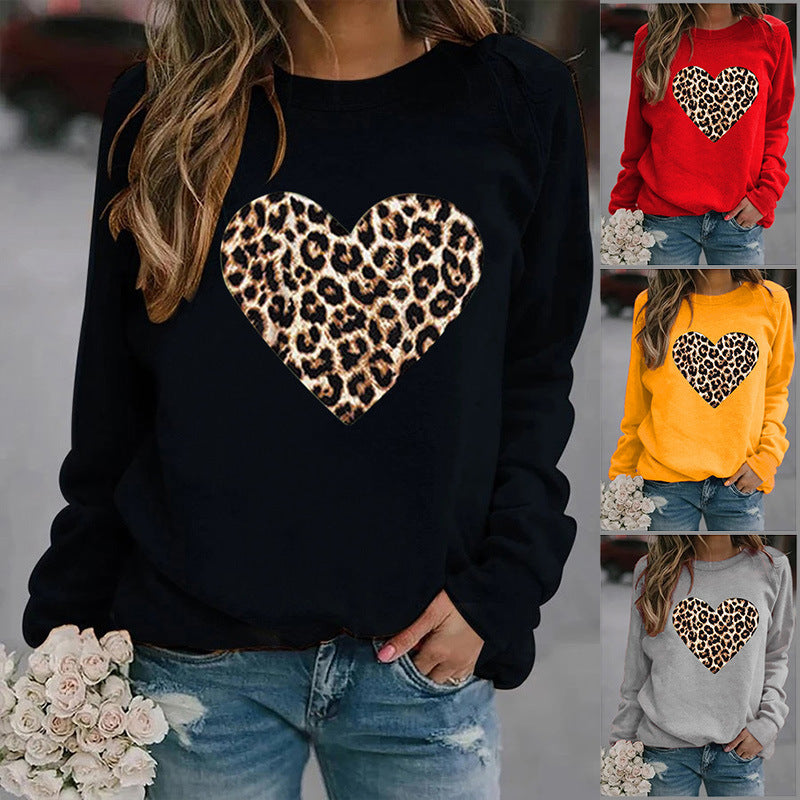 Women's Round Neck Leopard Print Heart Printing Hooded Coats