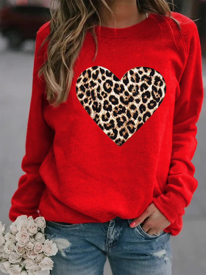 Women's Round Neck Leopard Print Heart Printing Hooded Coats