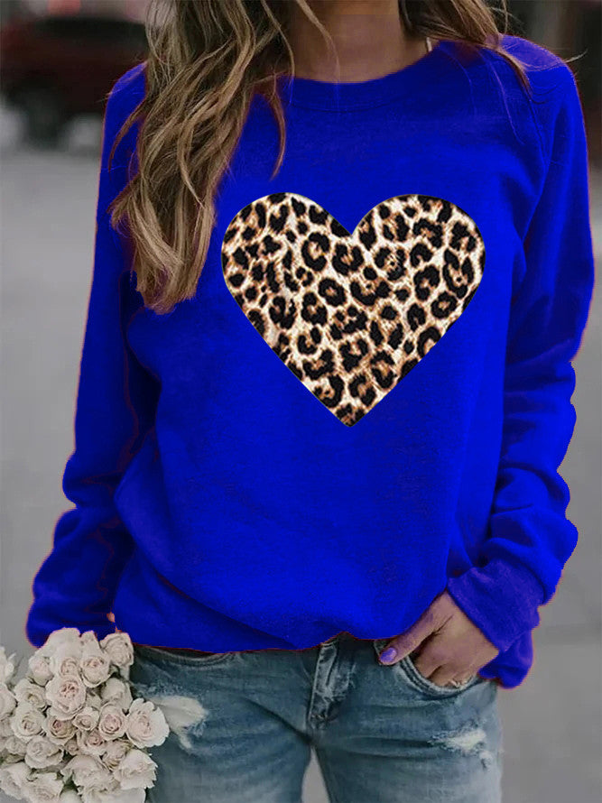 Women's Round Neck Leopard Print Heart Printing Hooded Coats