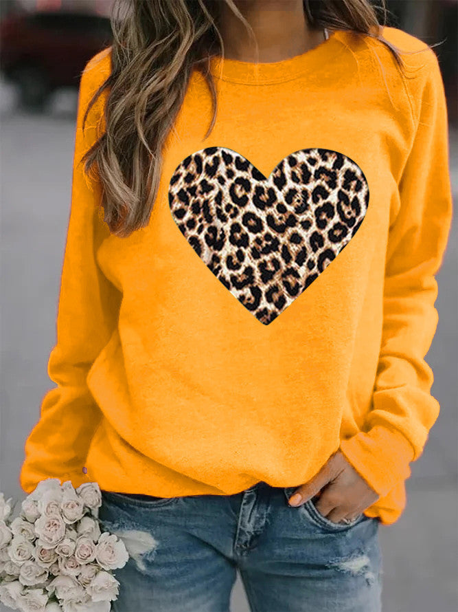 Women's Round Neck Leopard Print Heart Printing Hooded Coats