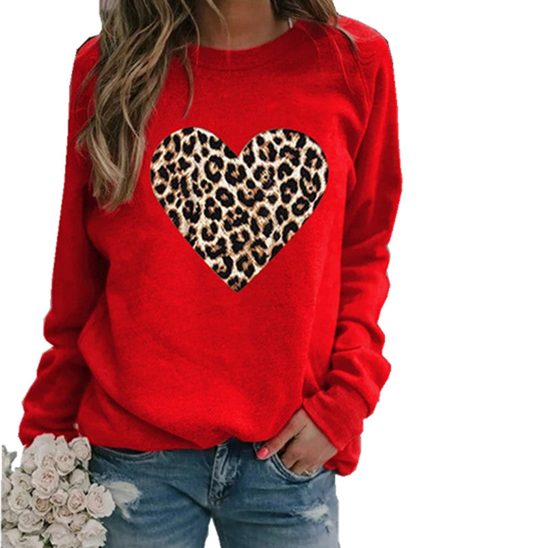 Women's Round Neck Leopard Print Heart Printing Hooded Coats