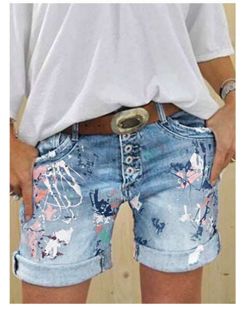Women's Denim Breasted Slim Printed Stretch Casual Jeans