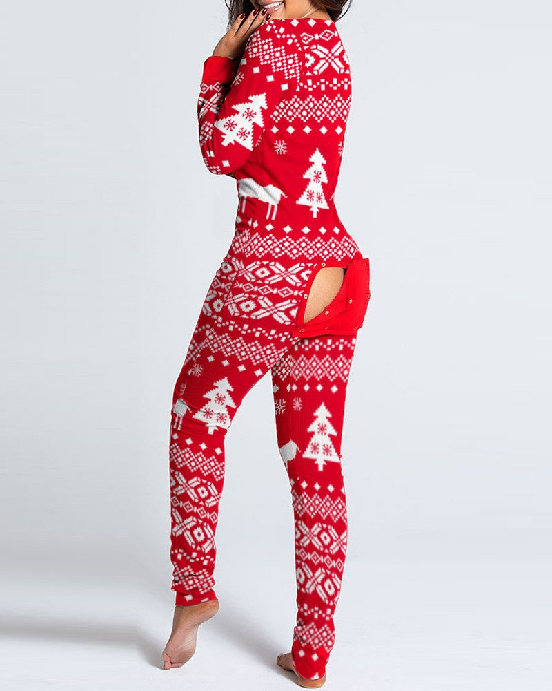 Adult Pajamas Printed Christmas Long Sleeve Jumpsuits