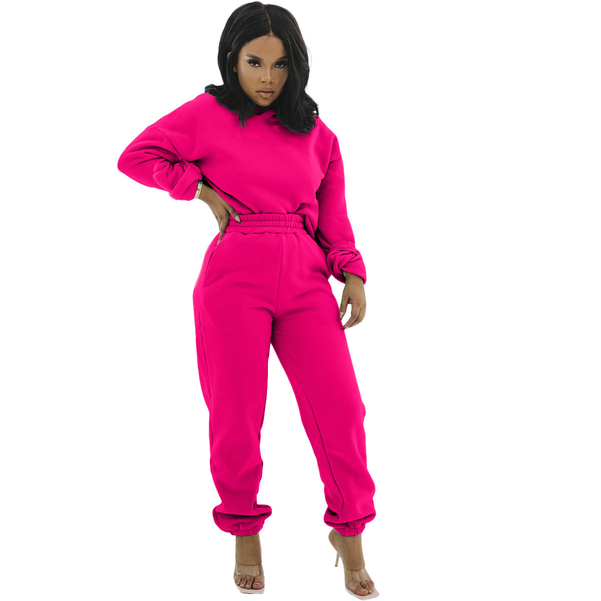 Women's Fabric Pocket Casual Hooded Two-piece Set Suits