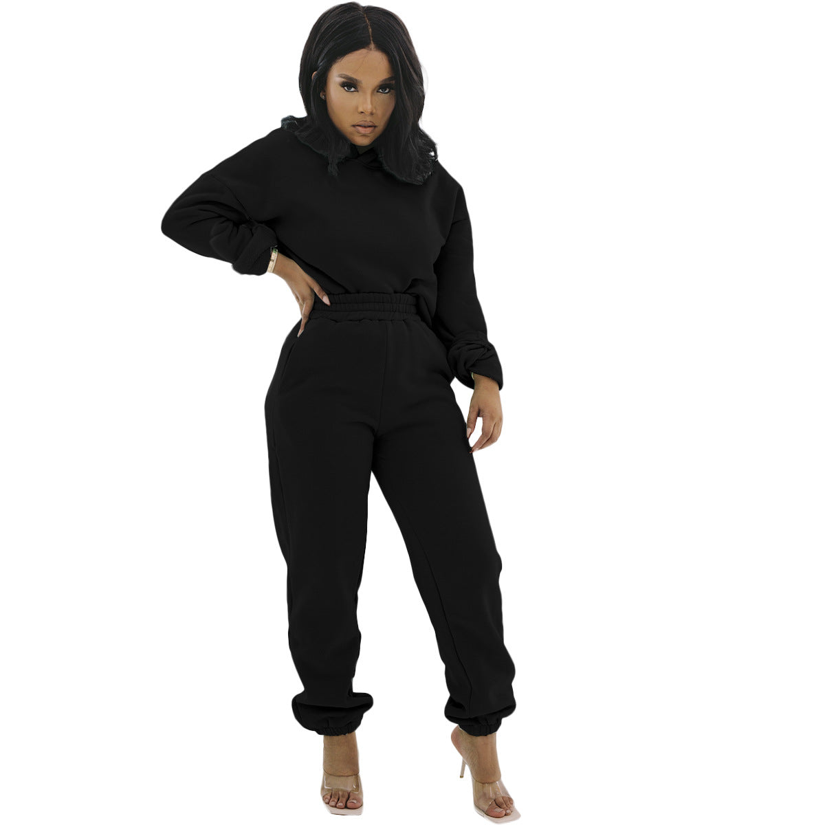 Women's Fabric Pocket Casual Hooded Two-piece Set Suits