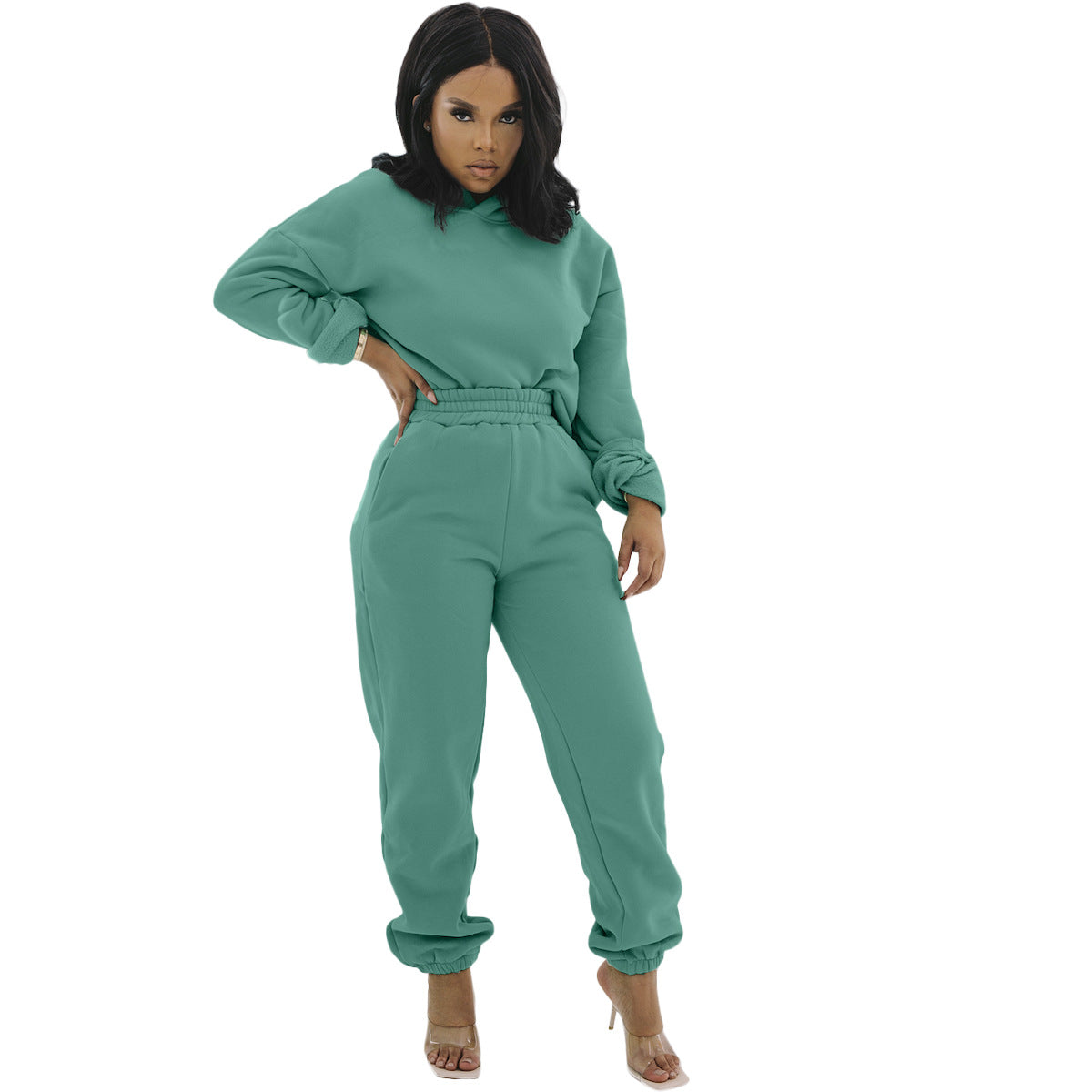 Women's Fabric Pocket Casual Hooded Two-piece Set Suits