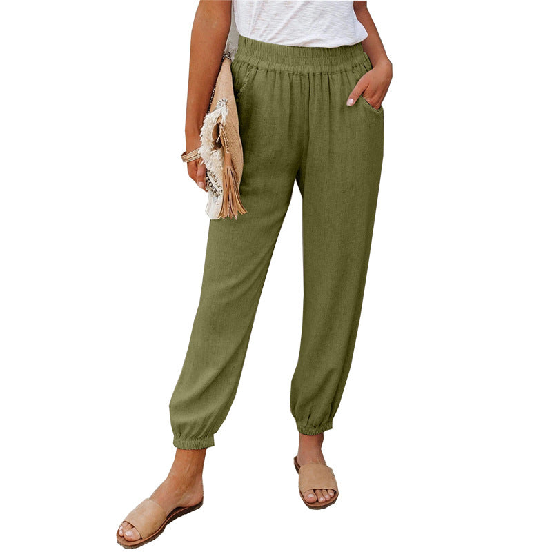 Women's Solid Color Loose Pocket High Waist Ankle Pants