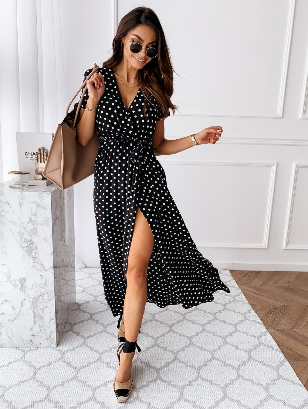 Women's Summer Short-sleeved V-neck Bohemian Dot Printed Dress Dresses