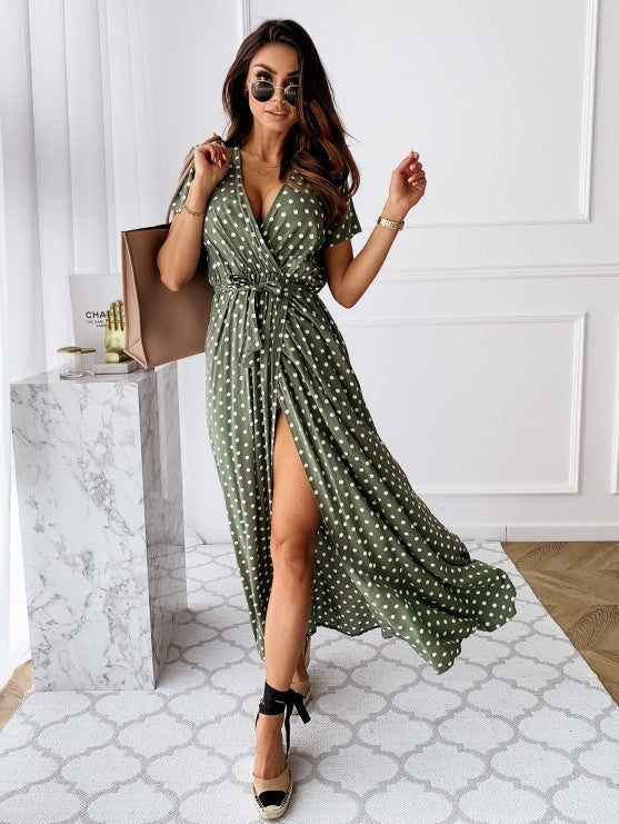 Women's Summer Short-sleeved V-neck Bohemian Dot Printed Dress Dresses