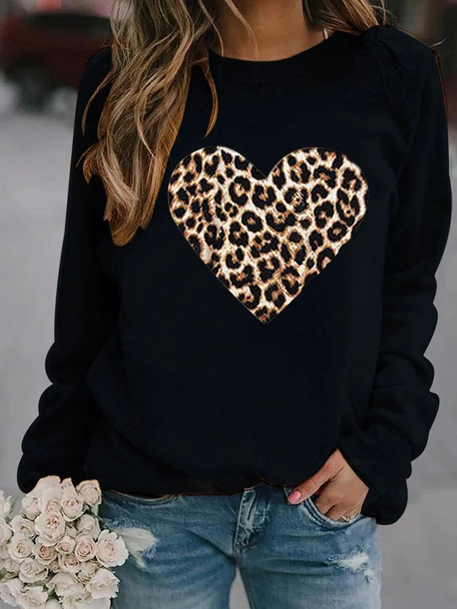 Women's Round Neck Leopard Print Heart Printing Hooded Coats