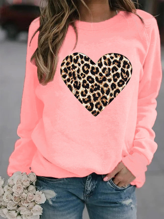 Women's Round Neck Leopard Print Heart Printing Hooded Coats