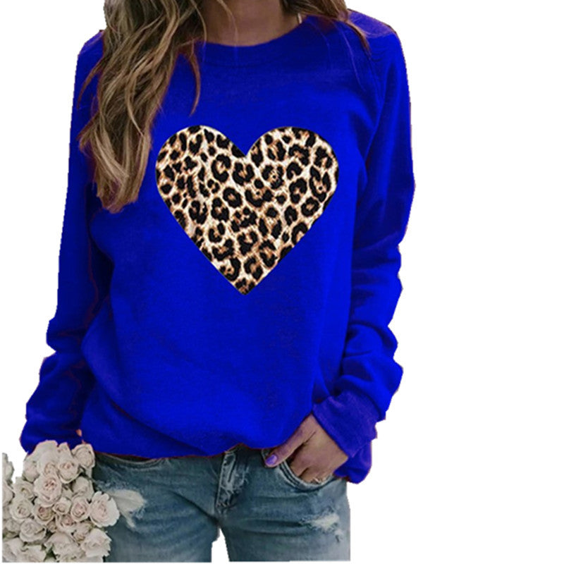 Women's Round Neck Leopard Print Heart Printing Hooded Coats