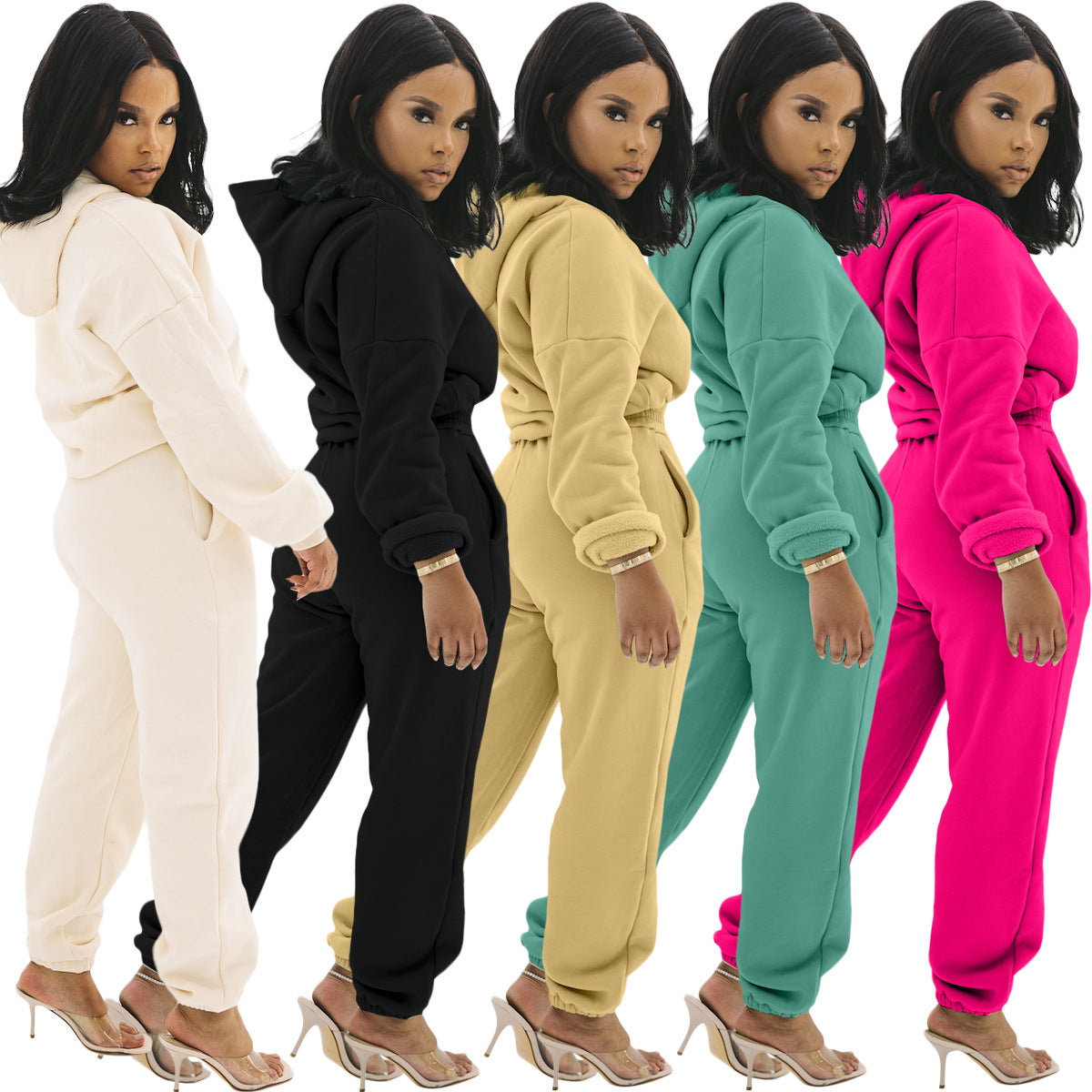 Women's Fabric Pocket Casual Hooded Two-piece Set Suits