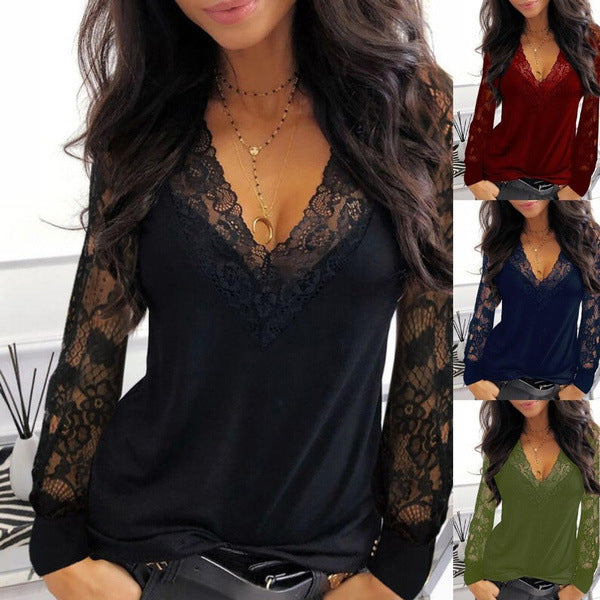 Women's Lace V-neck Patchwork Long-sleeved T-shirt Blouses