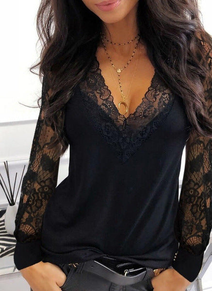 Women's Lace V-neck Patchwork Long-sleeved T-shirt Blouses