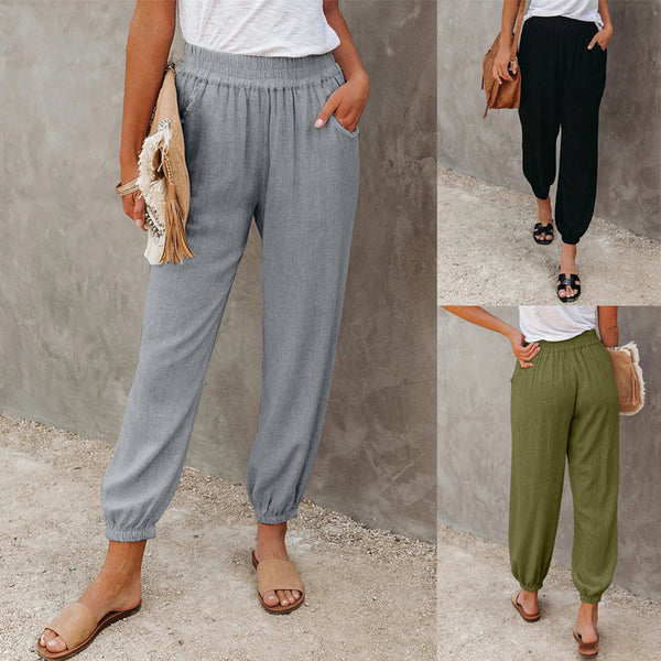 Women's Solid Color Loose Pocket High Waist Ankle Pants