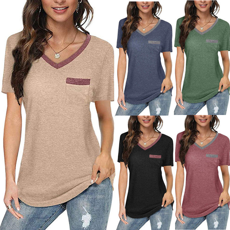 Women's Color-block V Neck Pocket Loose Blouses