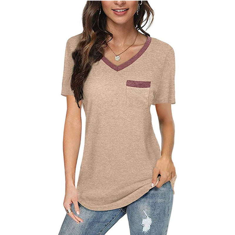 Women's Color-block V Neck Pocket Loose Blouses