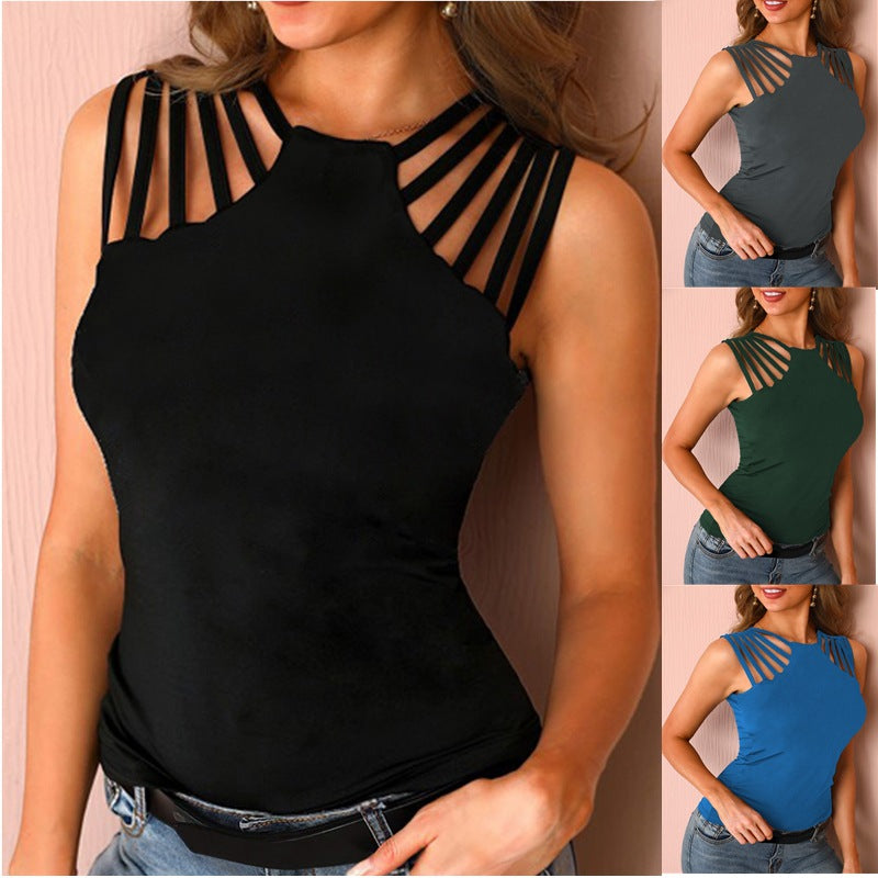 Women's Solid Color Shoulder Hollow Sexy Knitted Blouses
