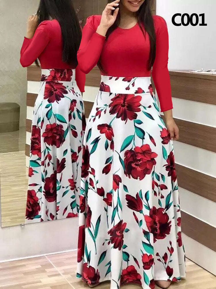 Women's Popular Flower Multicolor Printing Long-sleeved Dress Dresses