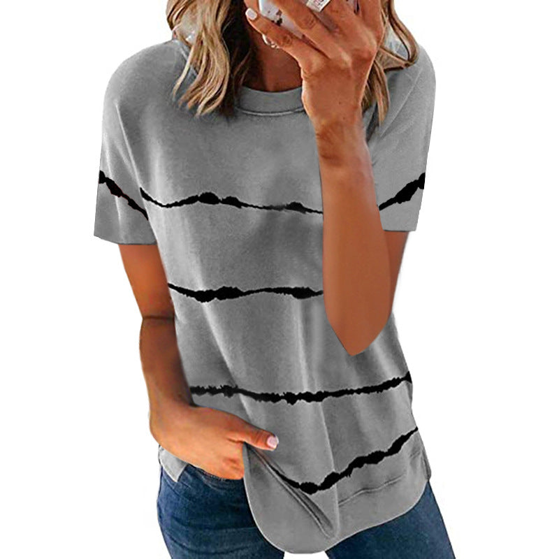 Women's Tie-dye Printed Striped Loose Short-sleeved T-shirt Blouses