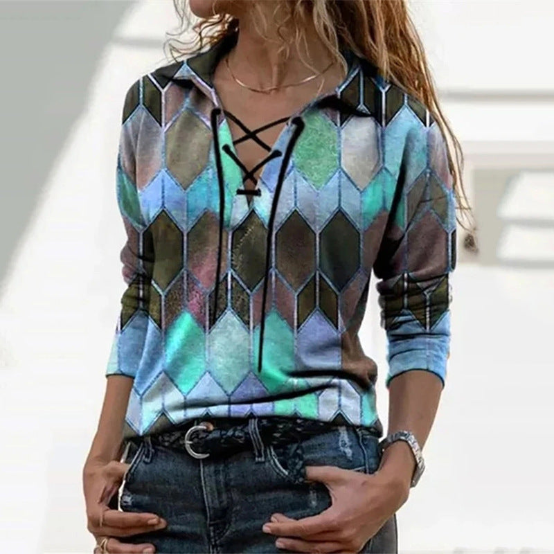 Women's Spring Urban Casual Loose Printed Long Sleeve Tied V-neck Blouses