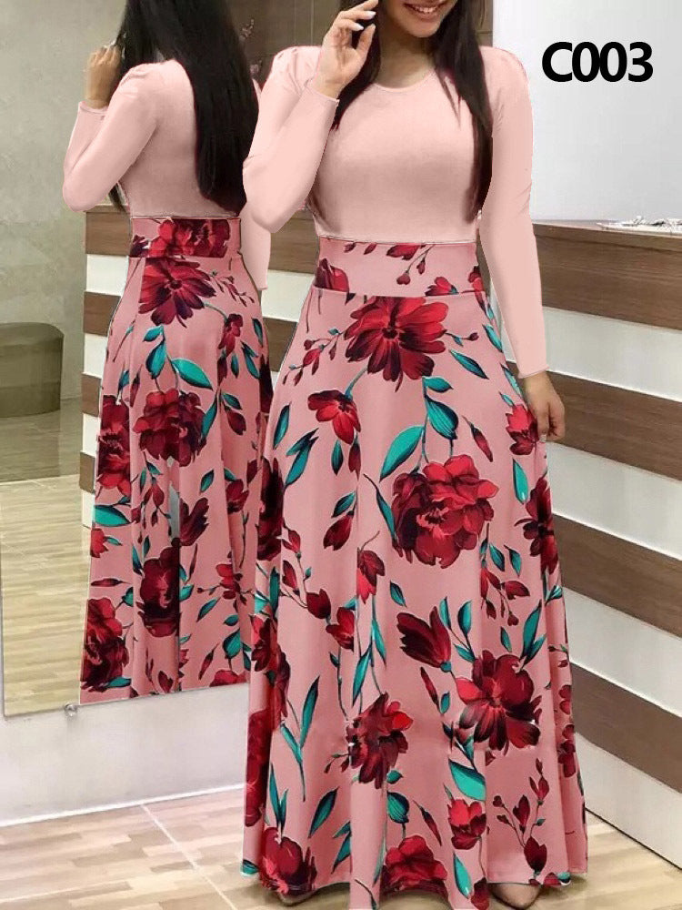 Women's Popular Flower Multicolor Printing Long-sleeved Dress Dresses