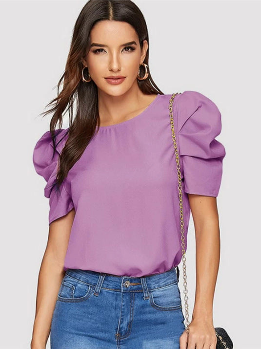 Women's Round Neck Lantern Sleeve Button Solid Blouses