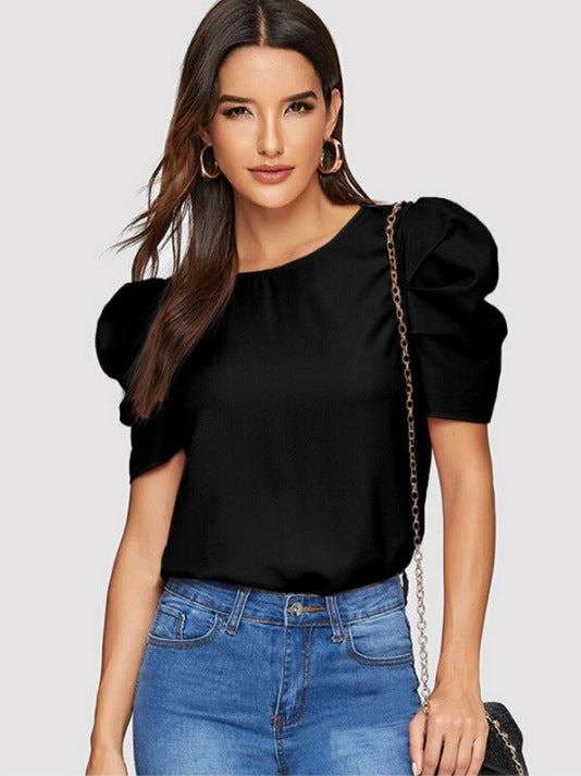 Women's Round Neck Lantern Sleeve Button Solid Blouses