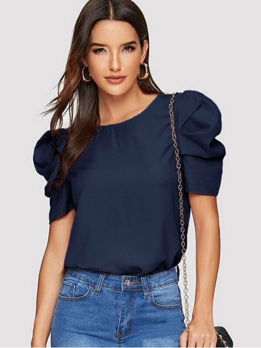 Women's Round Neck Lantern Sleeve Button Solid Blouses