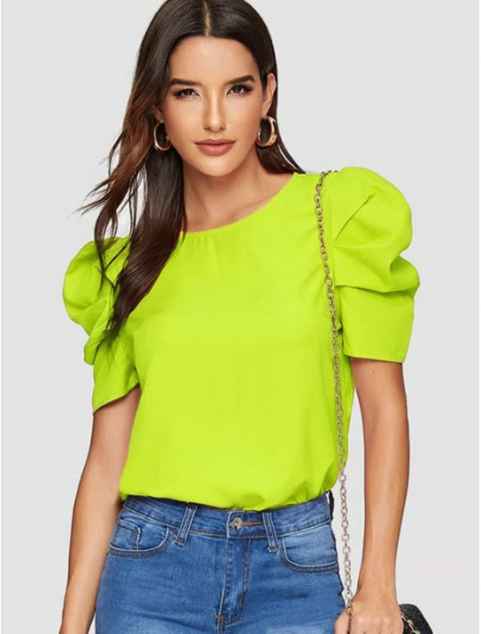 Women's Round Neck Lantern Sleeve Button Solid Blouses