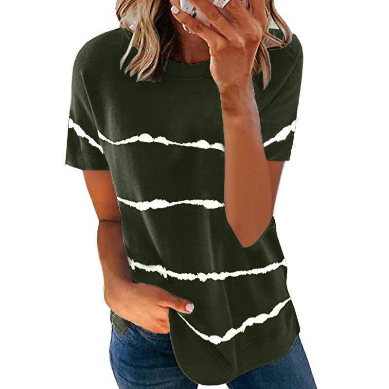 Women's Tie-dye Printed Striped Loose Short-sleeved T-shirt Blouses