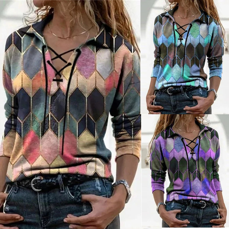 Women's Spring Urban Casual Loose Printed Long Sleeve Tied V-neck Blouses
