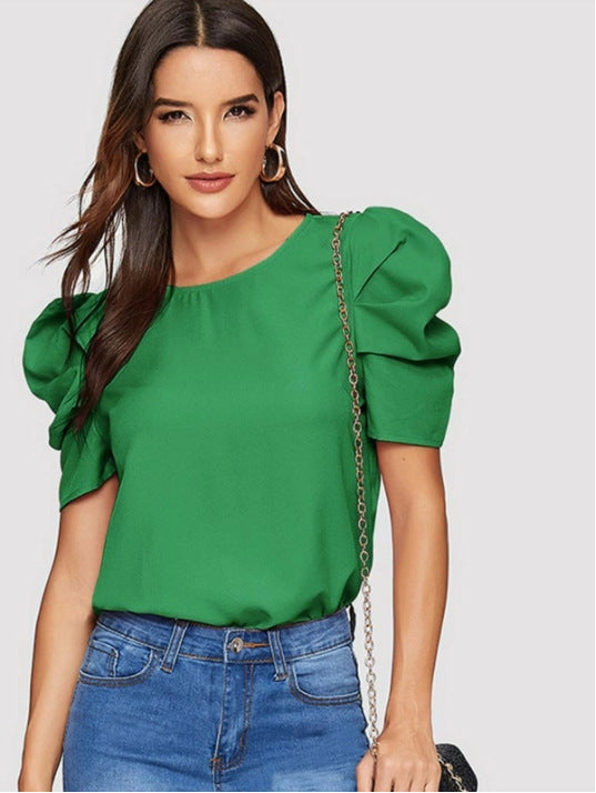 Women's Round Neck Lantern Sleeve Button Solid Blouses