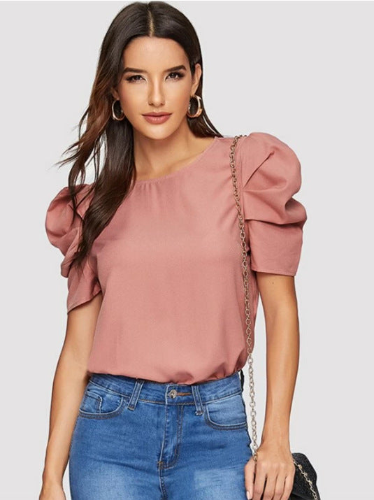 Women's Round Neck Lantern Sleeve Button Solid Blouses