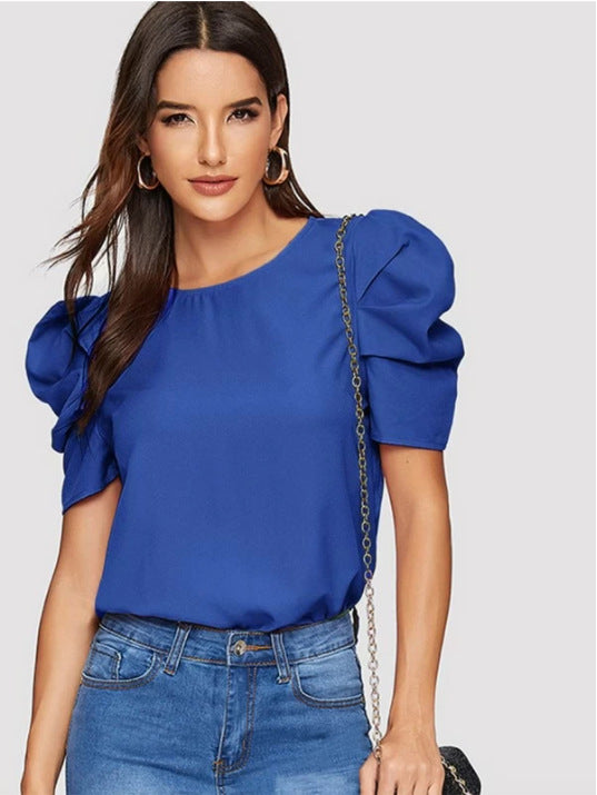 Women's Round Neck Lantern Sleeve Button Solid Blouses