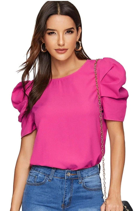 Women's Round Neck Lantern Sleeve Button Solid Blouses