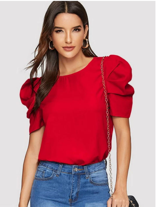 Women's Round Neck Lantern Sleeve Button Solid Blouses